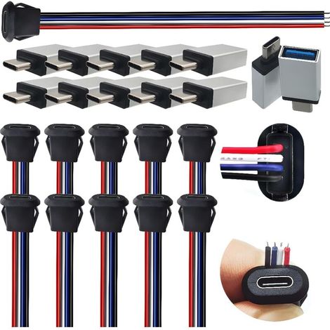 Connecteur montage panneau type C CESFONJER, 10ensembles prises châssis USB C avec queue cochon à 4conducteurs et adaptateur mâle vers USB OTG, Kit soudure DIY pour la réparation projets électroniques (1/4)