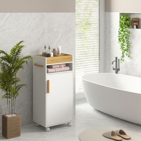 Armoire salle de bain blanche 40x30x88 cm, avec plateau amovible, étagère ouverte et placard fermé, en panneau de particules. (1/5)