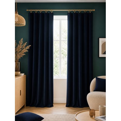 Lot de 2 rideaux velours minuit 140 x 270 cm ajustables – Anneaux pince – Coton épais – CÉSAR (1/5)