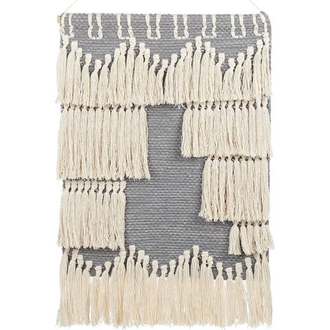 Déco Murale Boho Tissée à la Main avec Pompons en Coton Beige et Gris Mahri (1/5)