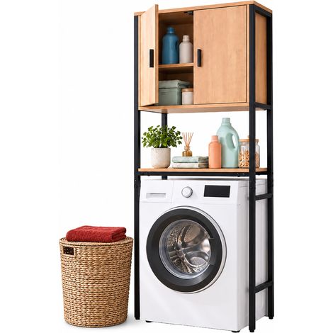 Relaxdays Washing Machine Cabinet, 3 Compartments, Shelf over Washer, Dryer, Toilet, HWD 170x64x27 cm, Black/Natural (1/5)