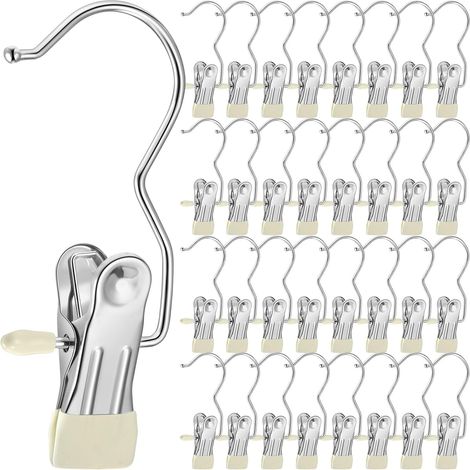 Porte-chaussures pour placard, crochets à linge avec pinces – Idéal pour jeans, chapeaux, bottes hautes, serviettes – 33 unités (blanc)