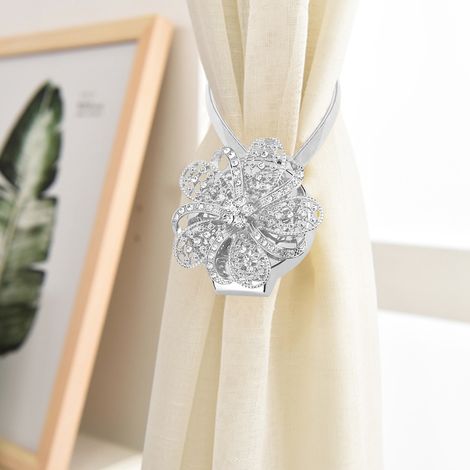 Attache rideau magnétique florale extensible boucle lien accessoire déco maison argenté strass aluminium aimant ressort acier 33 cm 1 pièce pour rideau douche (1/4)