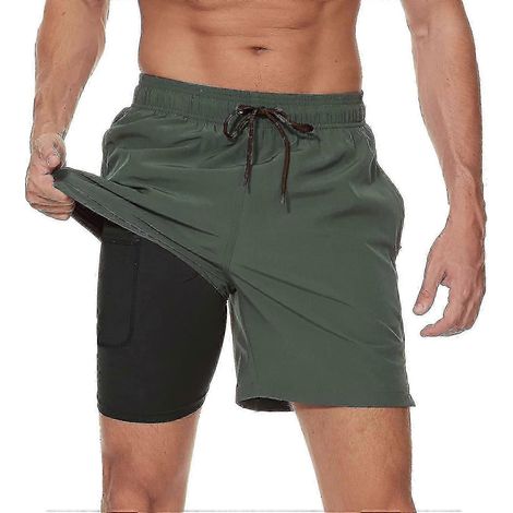 Short de bain homme avec doublure de compression et séchage rapide - Short de plage/surf avec poches zippées pour homme Army Green-L (1/5)
