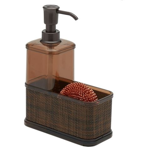 Distributeur de savon liquide décoratif en plastique pour évier de cuisine avec compartiment de rangement – Peut contenir et stocker les éponges, brosses à récurer et brosses – Marron sable/bronze (1/4)