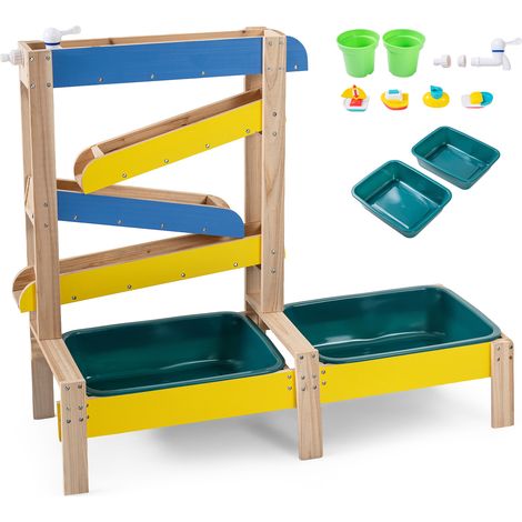 Table Sable et Eau pour Enfants, Table d'Activités Sensorielle Montessori en Bois de Sapin avec 2 Bacs à Eau, Pots de Fleurs, Robinet, 3+ Ans (1/5)