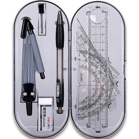 Kit de géométrie mathématique - 8 outils de géométrie : compas, règle, équerre, rapporteur, porte-mine, gomme de rangement. (1/5)