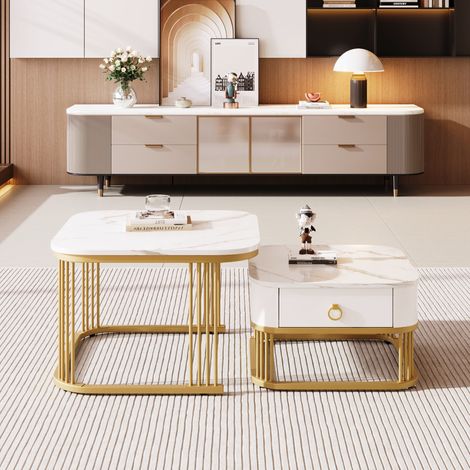 Nestable Coffee Table: High Gloss Marble Exterior, Gold Accents, Side Table with Drawer(set of 2), MDF, White (1/5)