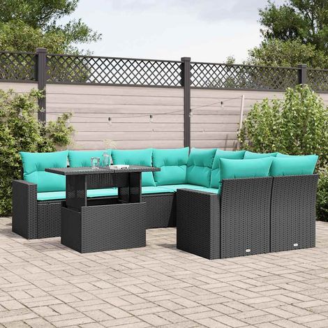 9-teiliges Gartensofa-Set mit Kissen, schwarzes Polyrattan (1/5)