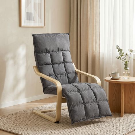 Fauteuil lounge en lin gris avec repose-pieds à bascule, dossier haut et assise large. (1/4)