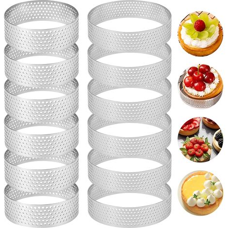12-teiliges Set perforierter Tarteringe, 8 cm x 5 cm, Mini-Gebäckringe aus Edelstahl 430, perforiert für Kuchen, Tartelettes, Gebäck, Muffins, Mini-Pizzen und Quiches (1/5)