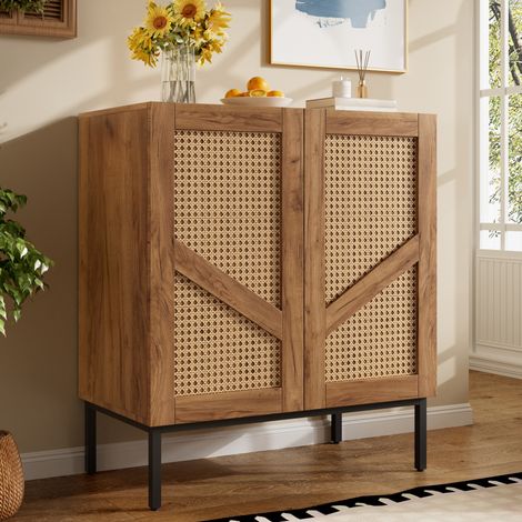 MODFU – Credenza 70x38,5x80 cm in truciolato con 2 ante, 3 livelli regolabili, rattan PE e anti-ribaltamento – Legno naturale (1/5)