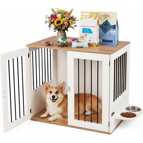 Cage pour Chien, Portes à Verrous & Loquets, Distributeur à Rotation 360° et Gamelles, Niche Chien Interieur en Bois, pour Petits/Moyens, 80x56x72cm (1/5)