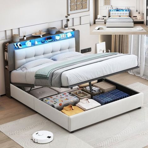 Bett 140x200 cm weißes Velours mit LED und kabellosem Ladegerät - Lattenrost
