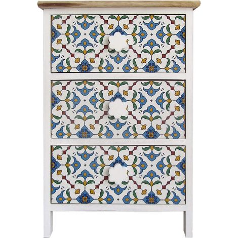 Mobili Rebecca – Table de chevet 3 tiroirs en bois Paulownia – Dimensions H 60 cm x L 40 cm x P 30 cm – Design minimaliste avec décorations majolique (1/5)