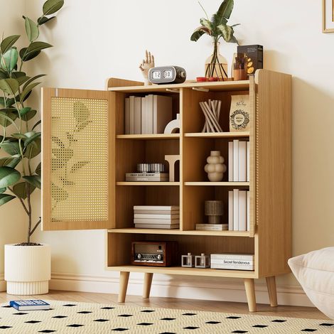 Meuble à chaussures 80x35x105 cm effet chêne avec portes en rotin naturel, 2 portes, 5 étagères, pieds en bois massif et rangement entrée (1/5)
