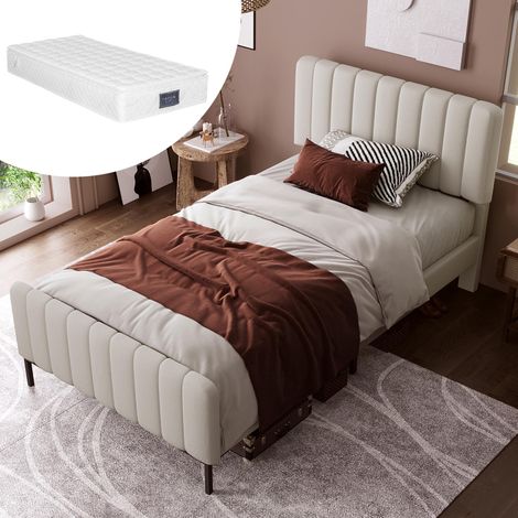 Lit simple capitonné 90 x 200 cm, cadre de lit avec sommier à lattes et tête de lit réglable, lit capitonné gris-beige, cadre de lit pour chambre d'enfant ou chambre d'amis - revêtement en lin (avec m (1/5)