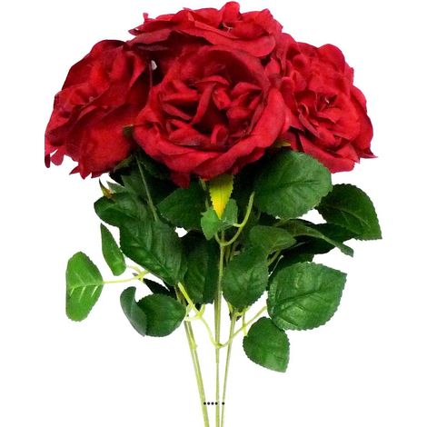 Bouquet de 7 Roses factices en piquet et feuillage Hauteur 42cm Rouge - couleur: Rouge