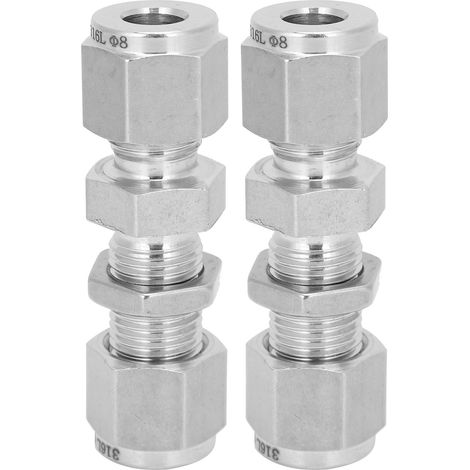 Raccord à compression en acier inoxydable 316, double olive, 2 pièces, connecteur de tube Ø8, accessoire industriel pour jonction étanche. (1/5)