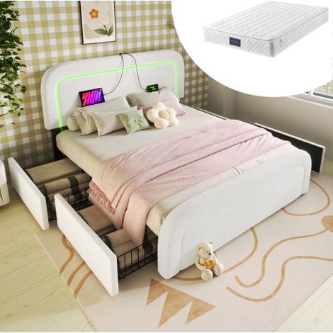 Cama doble tapizada con cajones LED y carga USB OKMYHOME (1/5)