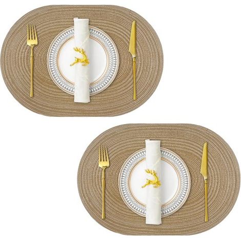 Ensemble de 4 sets de table - Sets de table - Sets de table tissés - Lavables - 35,5 x 51 cm - Ovales - Set de table isolant thermique - Marron (1/5)