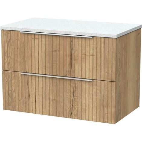 Callingwood Contemporary Wall Hung 2 Drawer Vanity Unit with White Nebula Laminate Worktop , 800mm, Autumn Oak