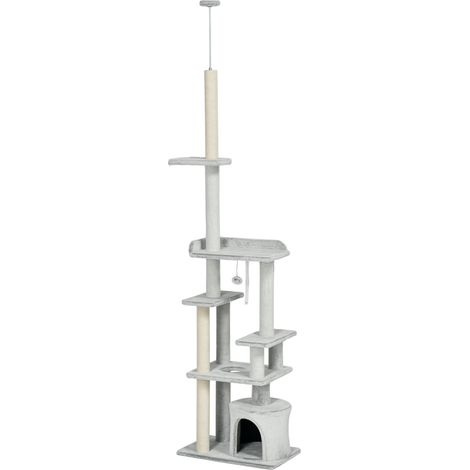 Deckenmontierter Katzenkratzbaum mit Plattformen und Häuschen, 60 x 40 x 225–255 cm, Grau