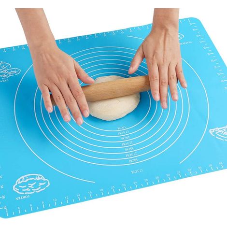 Tapis de cuisson 65 x 45 cm, tapis à pâte à étaler, antiadhésif et antidérapant, avec mesures, en silicone, pour pâte à fondant, biscuits, pizza, sans BPA, (bleu) (1/5)
