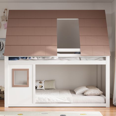 Lit superposé 140x200cm avec toit et échelle,Lit enfant design cabane sécurisé, structure bois blanc marron