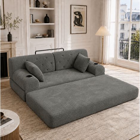 Divano letto 2 posti in velluto a coste, schienale alto, metallo, grigio scuro HAVRYA (1/5)