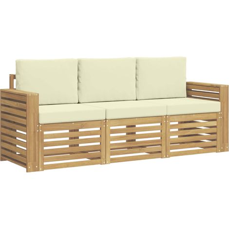 Salon de jardin canapé modulable 3 places en bois d'acacia et polyester blanc et crème 3 pièces (1/5)