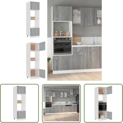 The Living Store Armoire à micro-ondes Sonoma gris 60x57x207 cm - Armoire À Micro-ondes - Meuble De Cuisine - Rangement Cuisine - Bois D'ingénierie - Armoire Grise (1/5)