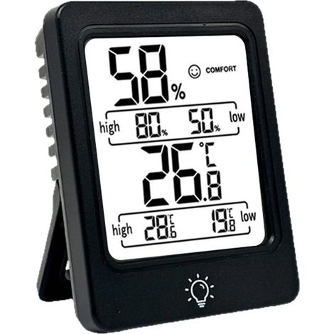 Thermo-hygromètre numérique avec grand écran LCD - thermomètre et hygromètre d'intérieur avec indicateur de confort, mémoire max/min et rétroéclairage - noir (1/5)