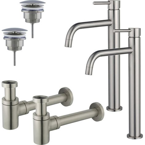 FugaFlow Eccelente Sobrado Slim Kit robinet lavabo - pour double vasque - robinet rehaussé - bonde non-obturable - siphon design bas - PVD (1/4)