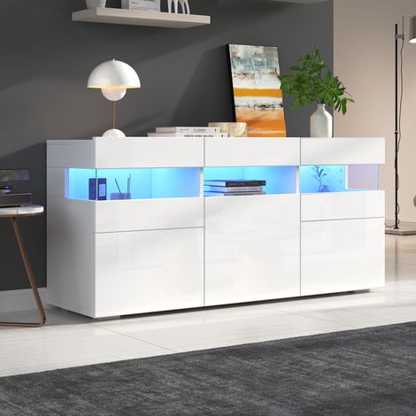 Buffet brillant 140 x 40,5 x 66,5 cm - 3 portes - 7 compartiments - Avec éclairage LED - Blanc (1/5)