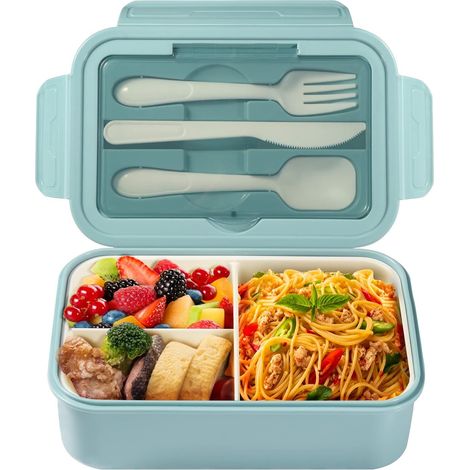 GABRIELLE Bento-Lunchbox, 1400 ml, mit 3 Fächern, auslaufsichere Lunchbox mit Besteck, mikrowellengeeignet, spülmaschinenfest, Schule, Picknick, Arbeit (blau) (1/5)