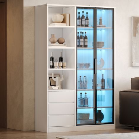 Vitrine 100/35/160 cm in Weiß mit LED, Glastüren und 3 Schubladen (1/5)