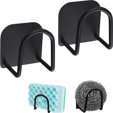 Lot de 2 porte-éponges adhésifs en acier inoxydable - Support rangement arrondi pour évier, savon, éponges Cintres antirouille Accessoires cuisine Noir'2 Noir'Noir'-