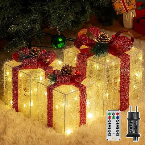 Décoration de Noël LED d'intérieur avec minuterie, lot de 3 boîtes cadeaux avec nœud rouge, blanc chaud avec 8 modes et intensité variable, évènement de Noël, lumières décoratives, électricité (1/5)