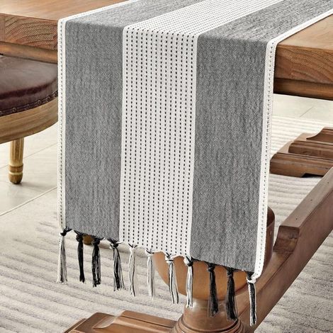 Chemin de Table en Coton Lin de 120cm de Long avec Glands à la Main Chemin de Table pour café, Style Fermier pour Les fêtes et l'usage Quotidien (Gris foncé, 120cm) (1/5)