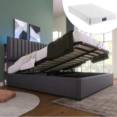 Lit rembourré 140x200 cm gris en lin, LED avec USB-C, tête de lit de rangement et sommier à lattes (1/5)