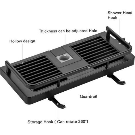 1 Étagère de douche, sans perçage, fixation par clips, ABS noir, 27x11,5 cm, pour barre 21-25 mm (1/4)