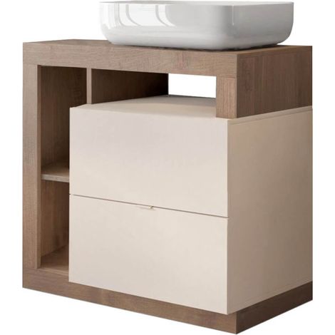 ARTURO - Meuble Vasque 78cm 2 tiroirs beige laqué et aspect bois finition Mercure (1/4)