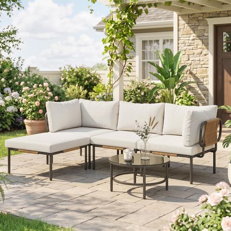 Ensemble de jardin modulaire 5 pièces en rotin avec canapé d'angle, table basse et coussins, kaki (1/5)