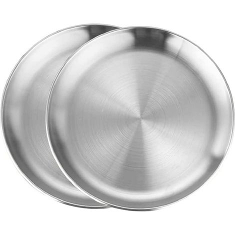 Lot de 2 Assiettes Rondes Acier Inoxydable 14cm 17cm Pour Barbecue Fête Extérieur