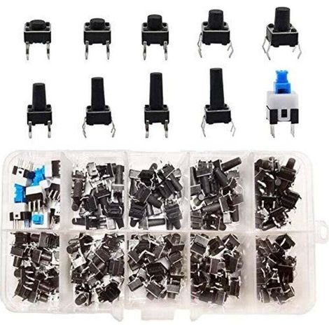 Lot de 200 Interrupteurs à Bouton-Poussoir Tactiles, Tactile Bouton-Poussoir Micro Momentanée à 4 Broches Tact Assortiment Kit pour Arduino (6 X 6, 7 X 7 mm)