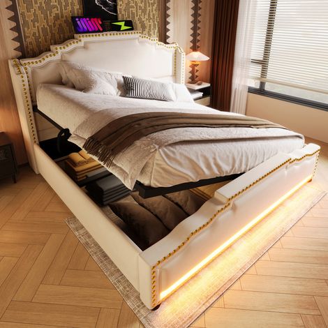 Letto con contenitore in velluto beige 140x200 cm con LED, USB-C e rete a doghe inclusa
