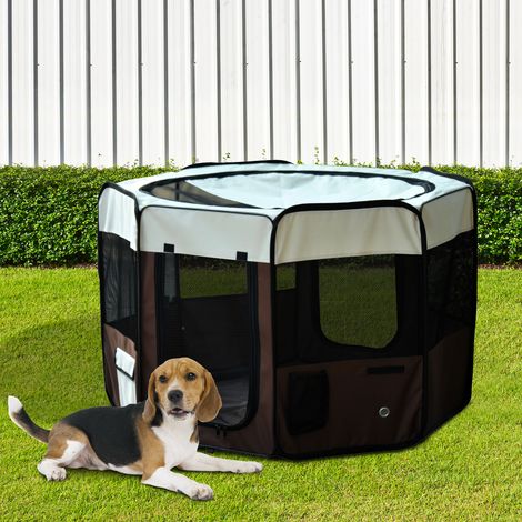 Parque/recinto octogonal plegable para perros, gatos y animales pequeños, fabricado en tela Oxford y acero, Ø 90 x 41 cm, marrón/beige. (1/5)