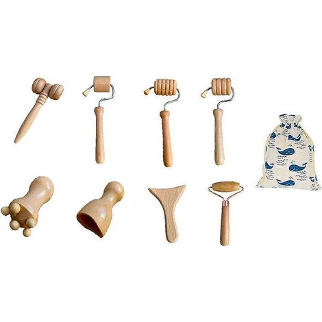 Rouleau de massage 8 en 1 pour la nuque, outil de massage en bois pour le dos, rouleau de massage pour les pieds, balle de massage pour le visage avec sac (1/5)