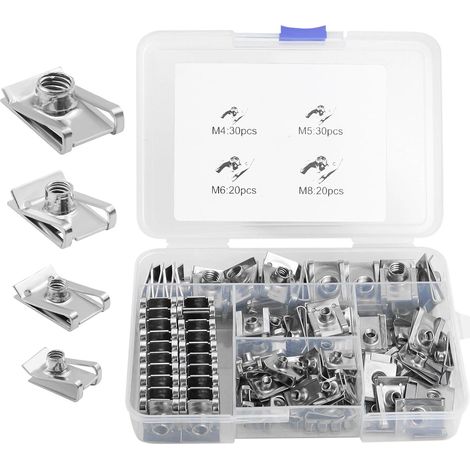 100 Pièces Écrous en Tôle en U, M4 M5 M6 M8 Clip à Vis Écrou Kit, Écrou de Serrage Filetés, Acier Inoxydable Agrafe Clips Fixation Voiture, Écrous à Circlip pour Vis de Carrosserie (1/5)